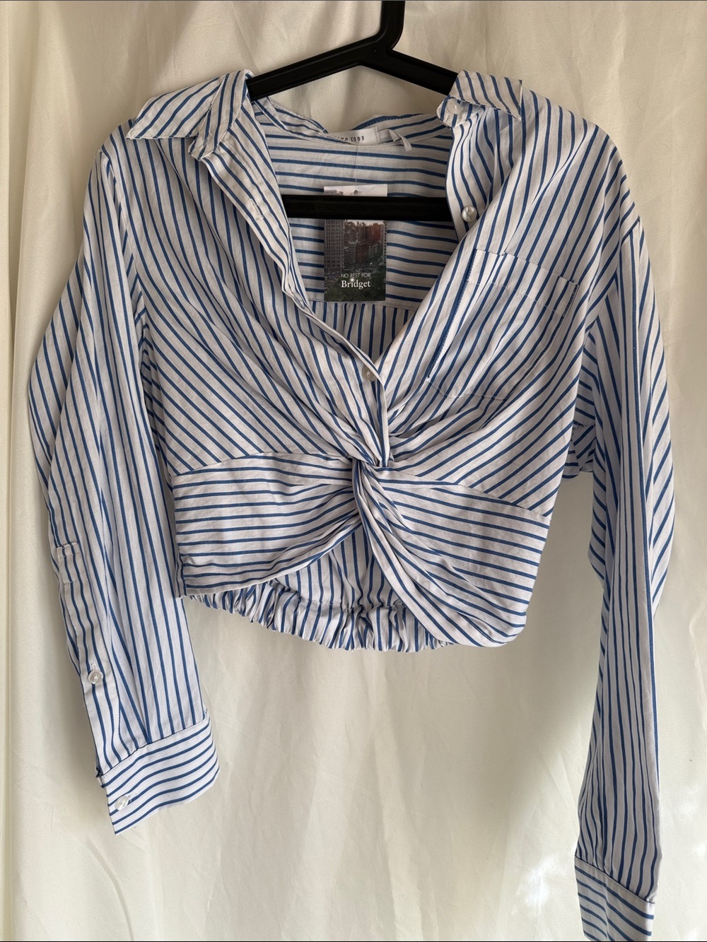 NWT Mind Code White & Blue Striped Twist-Front Button Down Crop Shirt